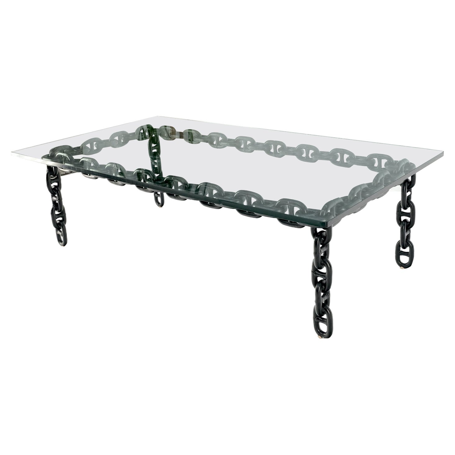 Large Oversize Fused Marine Chain Base Rectangle Coffee Table Thick Glass Top For Sale