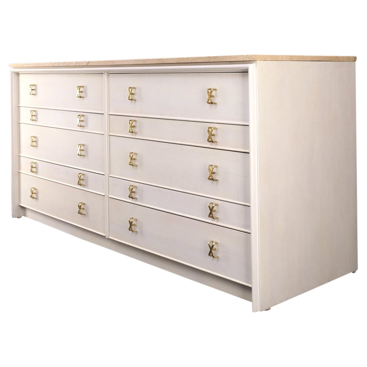 Paul Frankl for Johnson White Wash Marble Top 10 Drawers Dresser Brass x Pulls