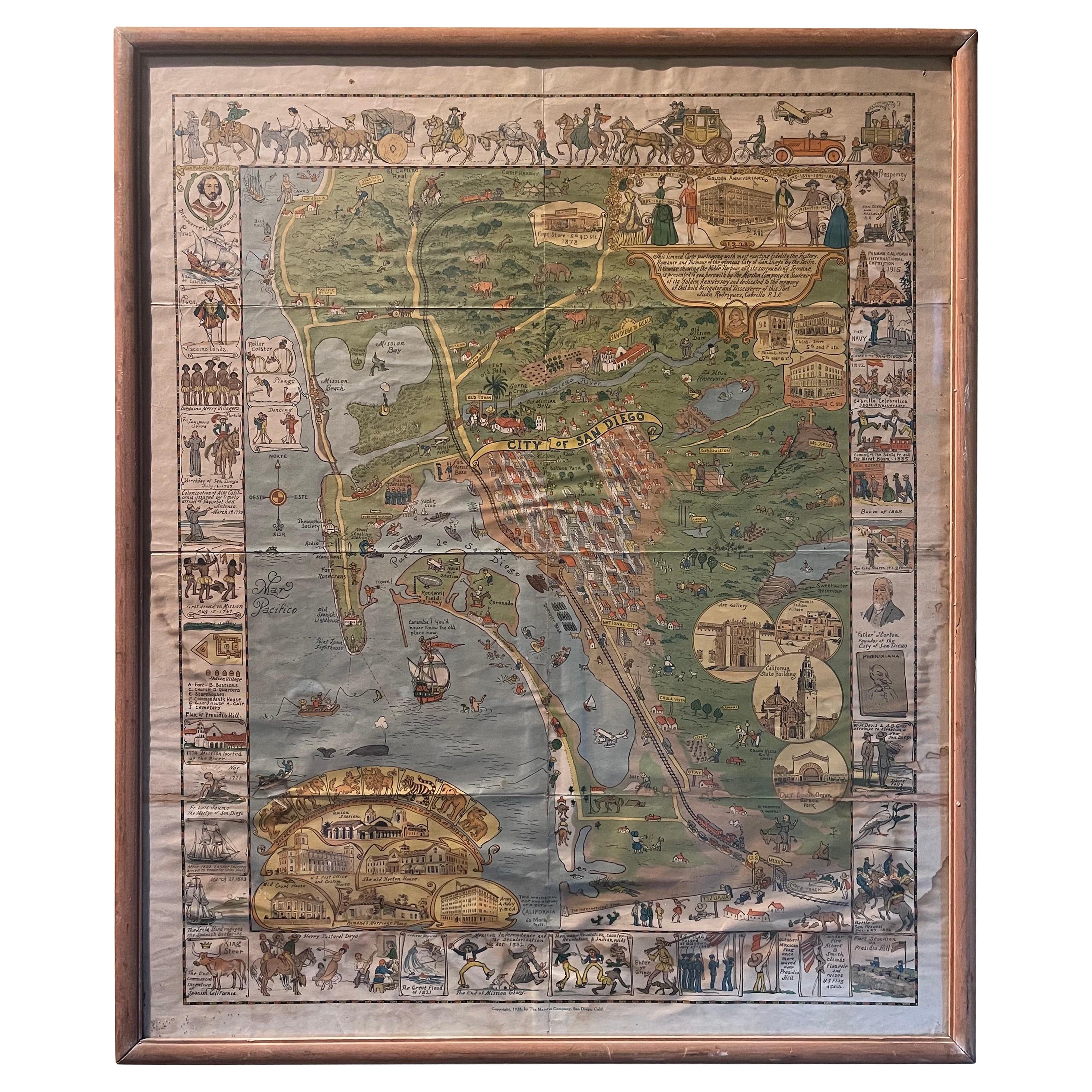 Antique Whimsical Map of San Diego, California by Jo Mora for Marston Stores