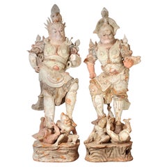 Used Tang Dynasty Painted Terracotta Lokapala Sculptures