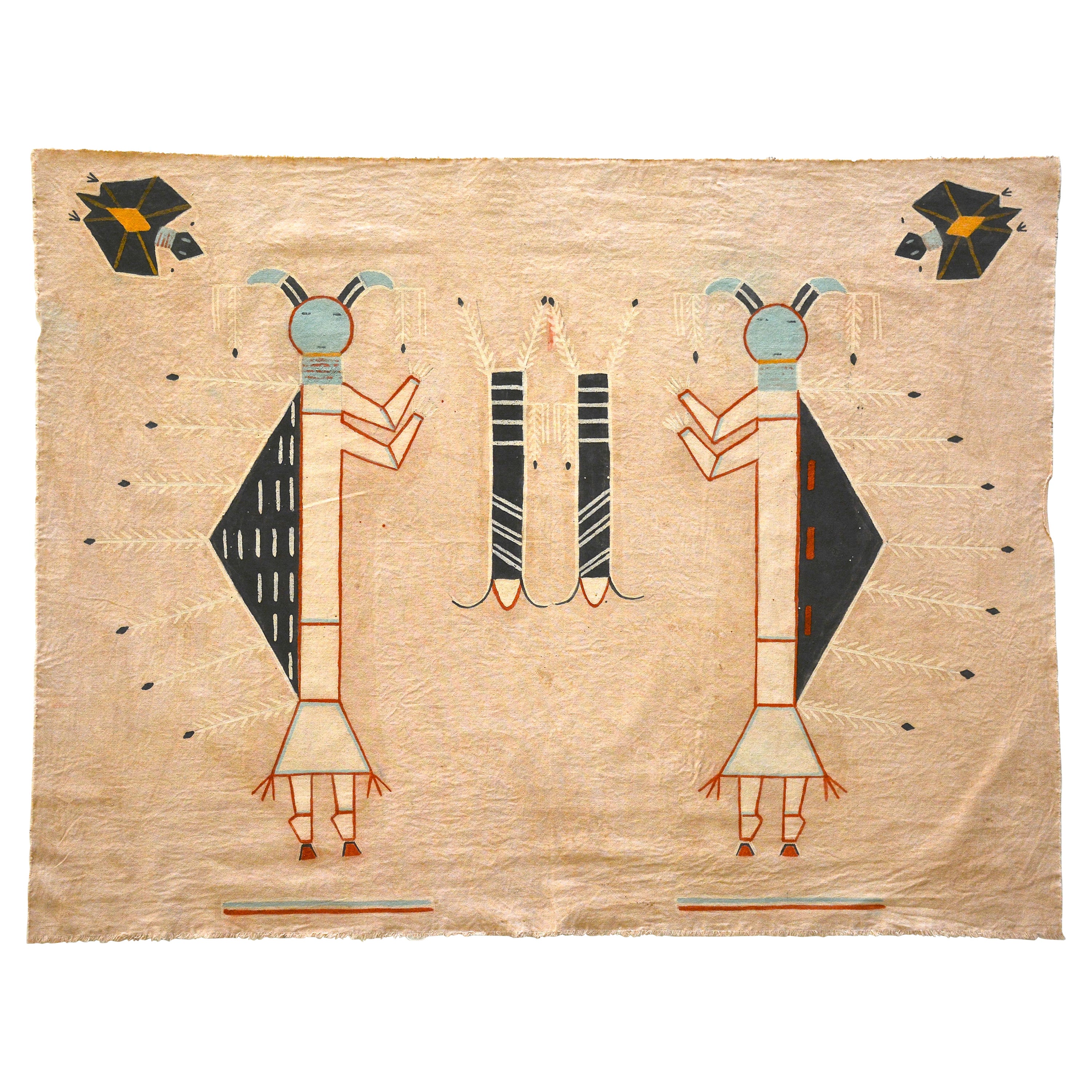 Navajo Picture Writing On Muslin, Two Humpback Yeis with Two Bat Guardians For Sale