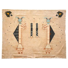 Vintage Navajo Picture Writing On Muslin, Two Humpback Yeis with Two Bat Guardians