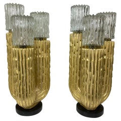 Vintage Pair Gold Leaf Cactus Lamps