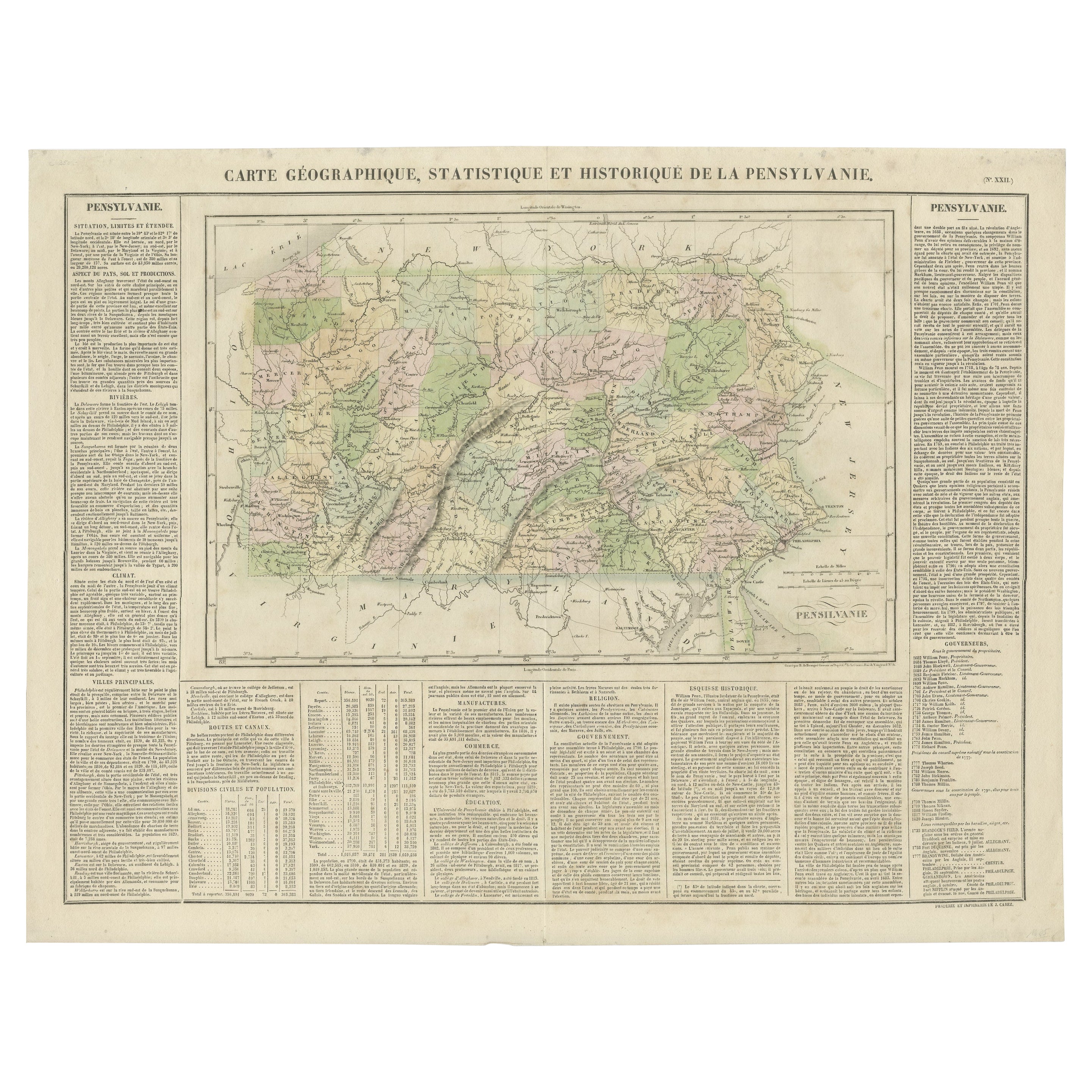 Original Antique Map of Pennsylvania Showing Interesting Statistics Etc, 1825 For Sale