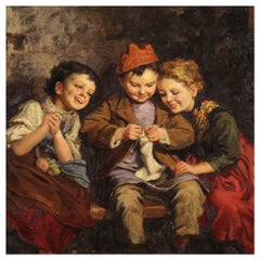 20th Century Oil on Canvas Italian Signed Genre Scene with Children Painting