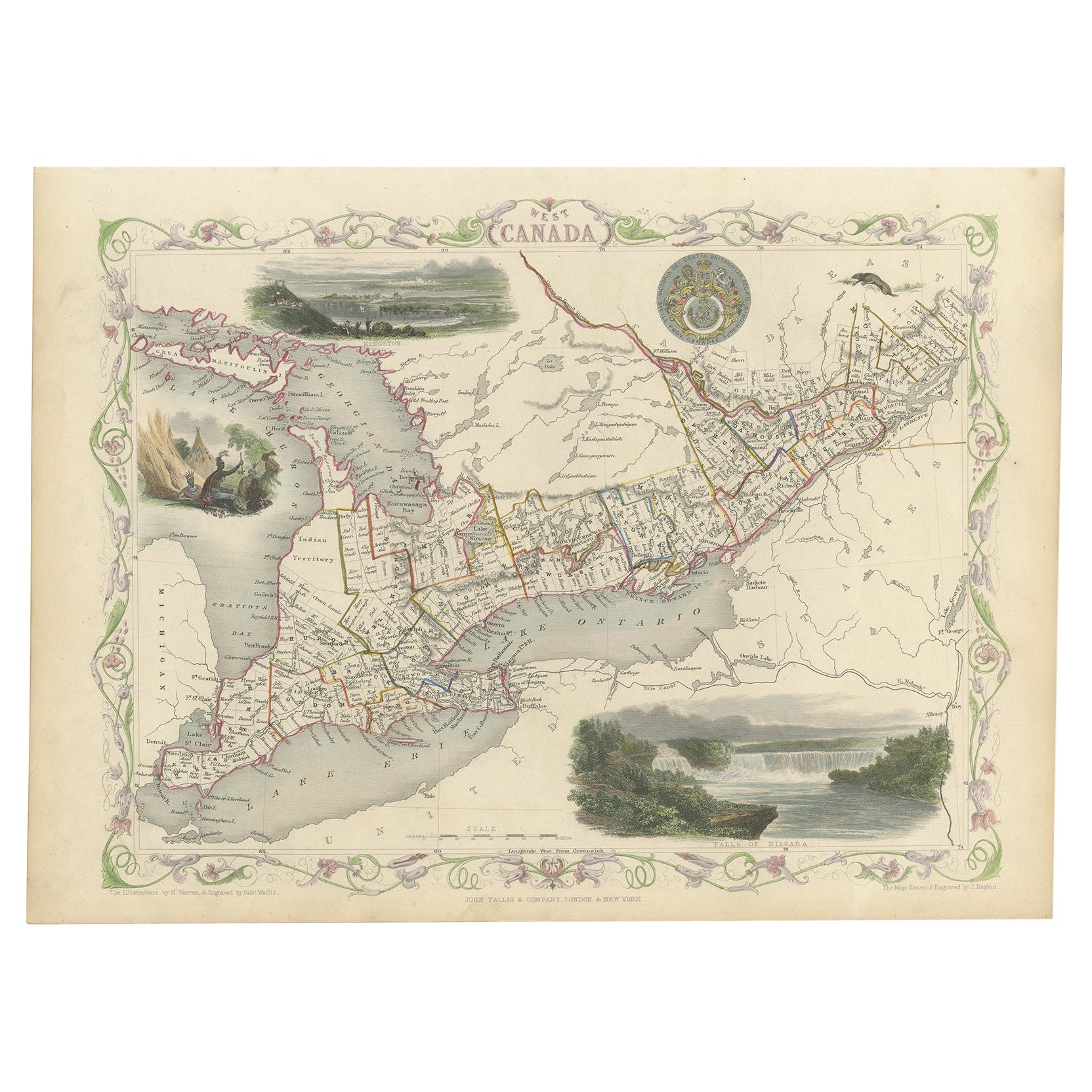 Magnifique carte décorative colorée à la main de l'Ouest du Canada, 1851