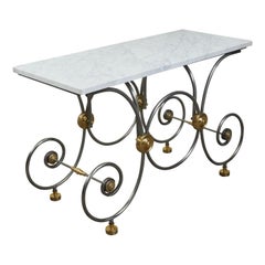 Used French 1880s Steel and Brass Baker's Table with Scrolling Base and Marble Top