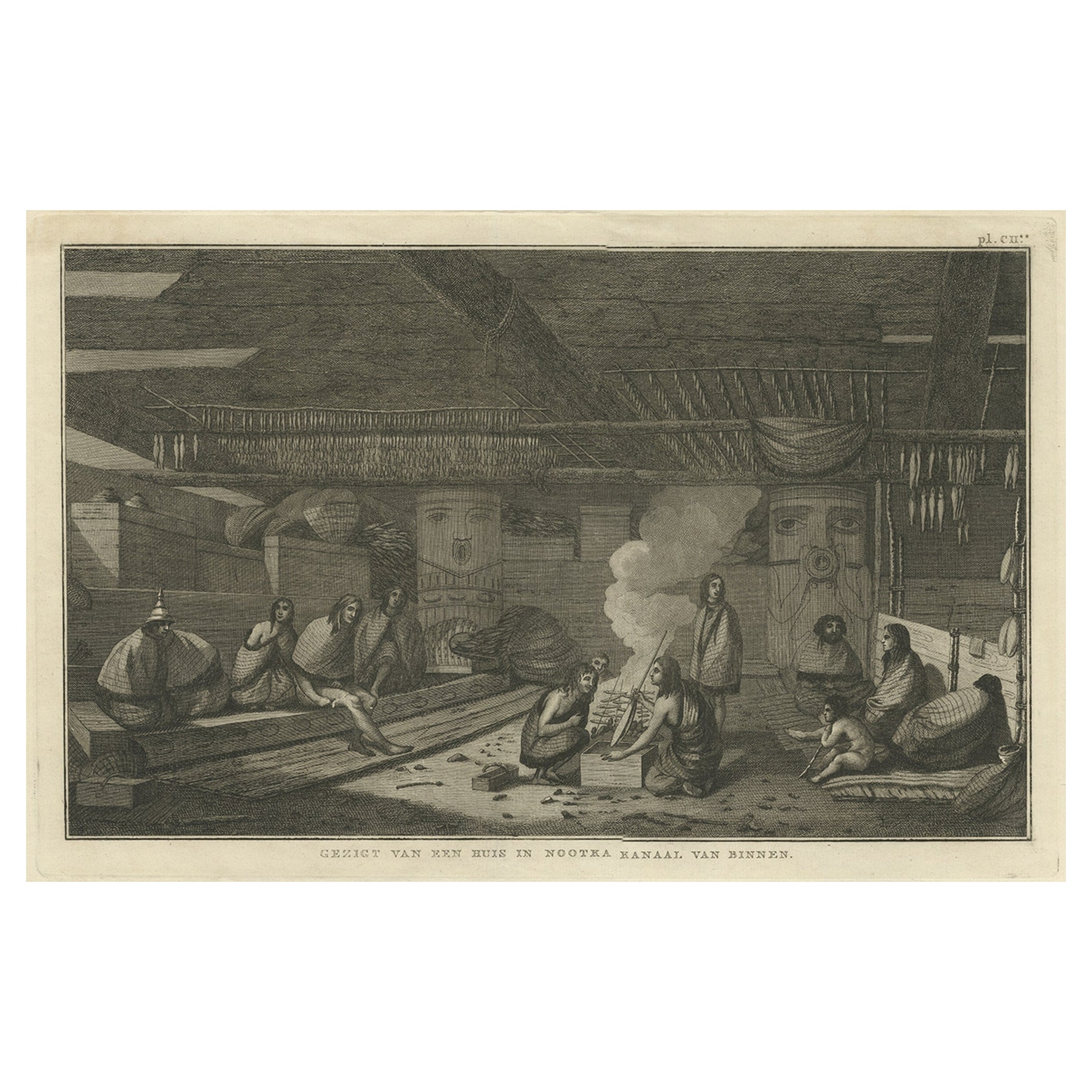 Antique Print of an Interior in Nootka Channel, Canada, from Cook Travels, 1803