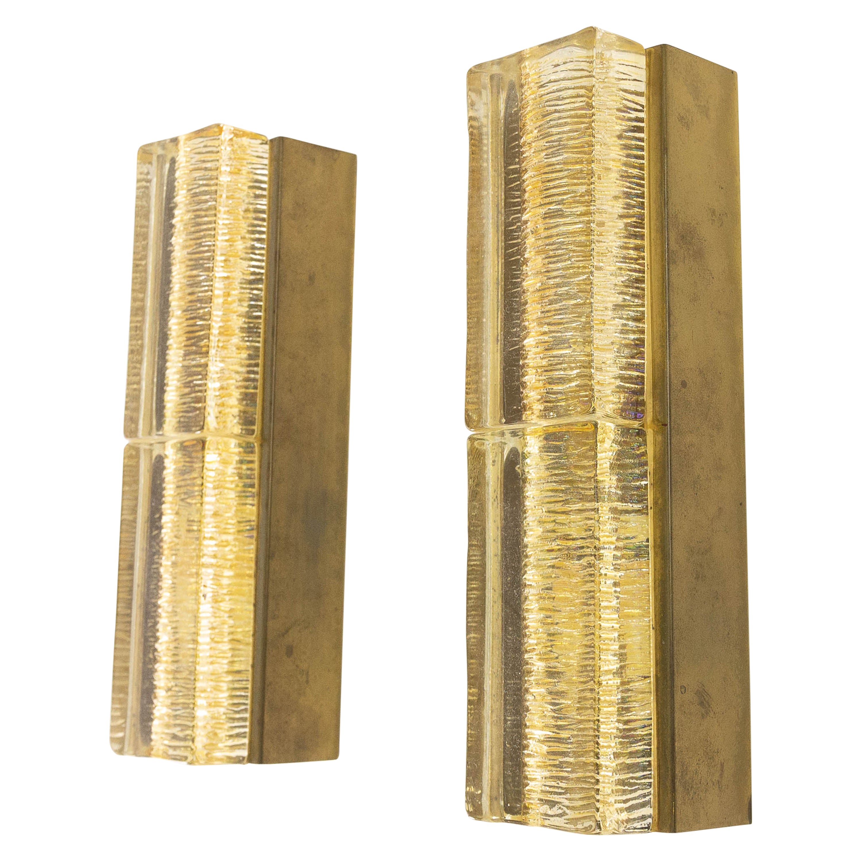 Pair of Glass and Brass Double Atlantic Wall Lamps by Vitrika in Gold, 1970s