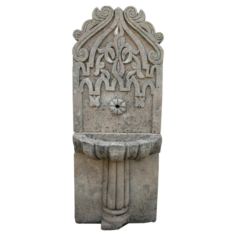 1980s Hand Carved Natural Stone Wall Fountain For Sale at 1stDibs