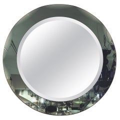 1960s Fontana Arte Round Bevelled Glass Wall Mirror with Green Serrated Surround