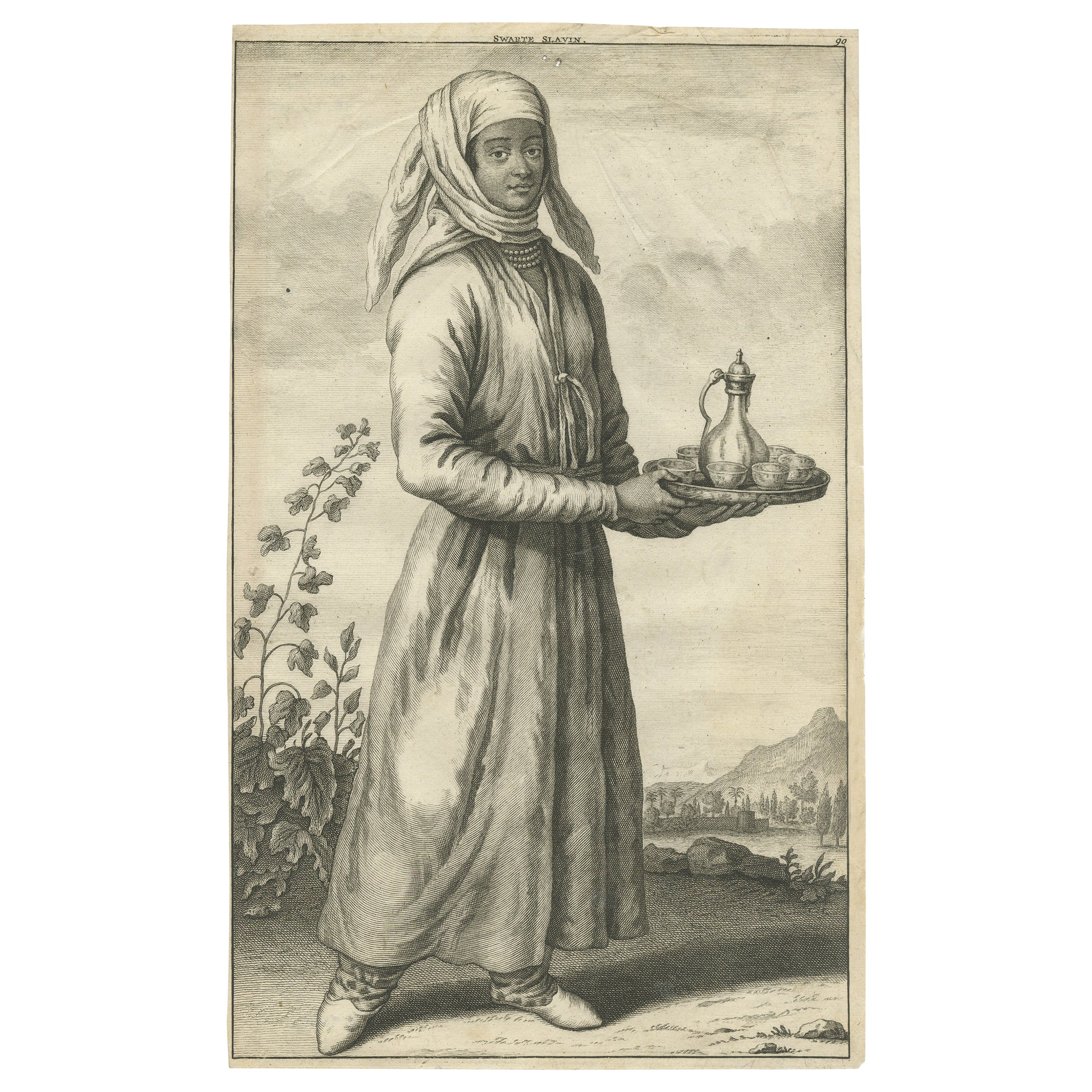 Antique Copper Engraving of an Enslaved Woman in Iran, 1714 For Sale