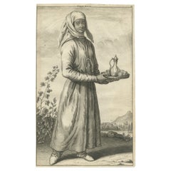 Gravure ancienne en cuivre d'une femme esclave en Iran, 1714