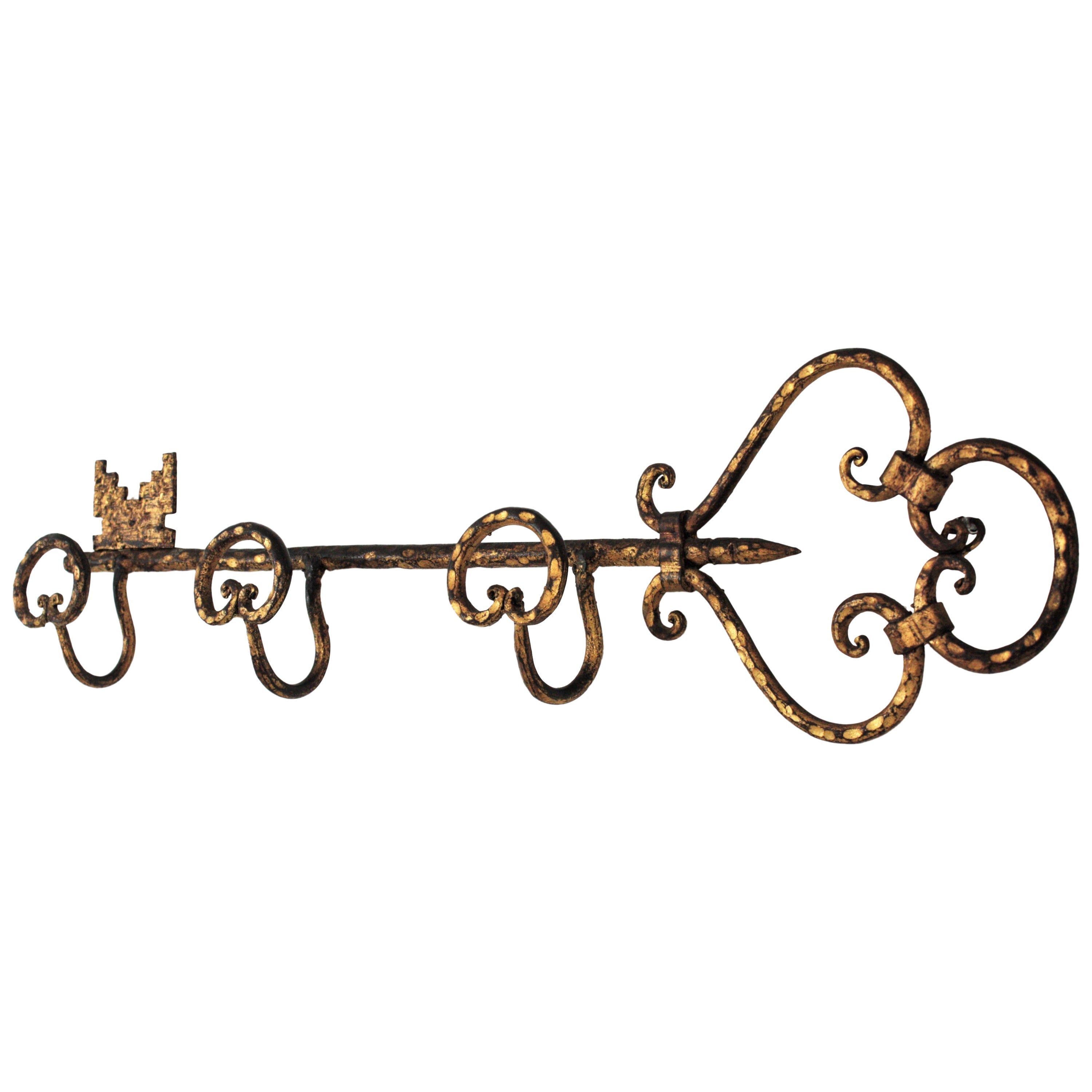 Wall Coat Rack with Key Shape, Wrought Gilt Iron For Sale