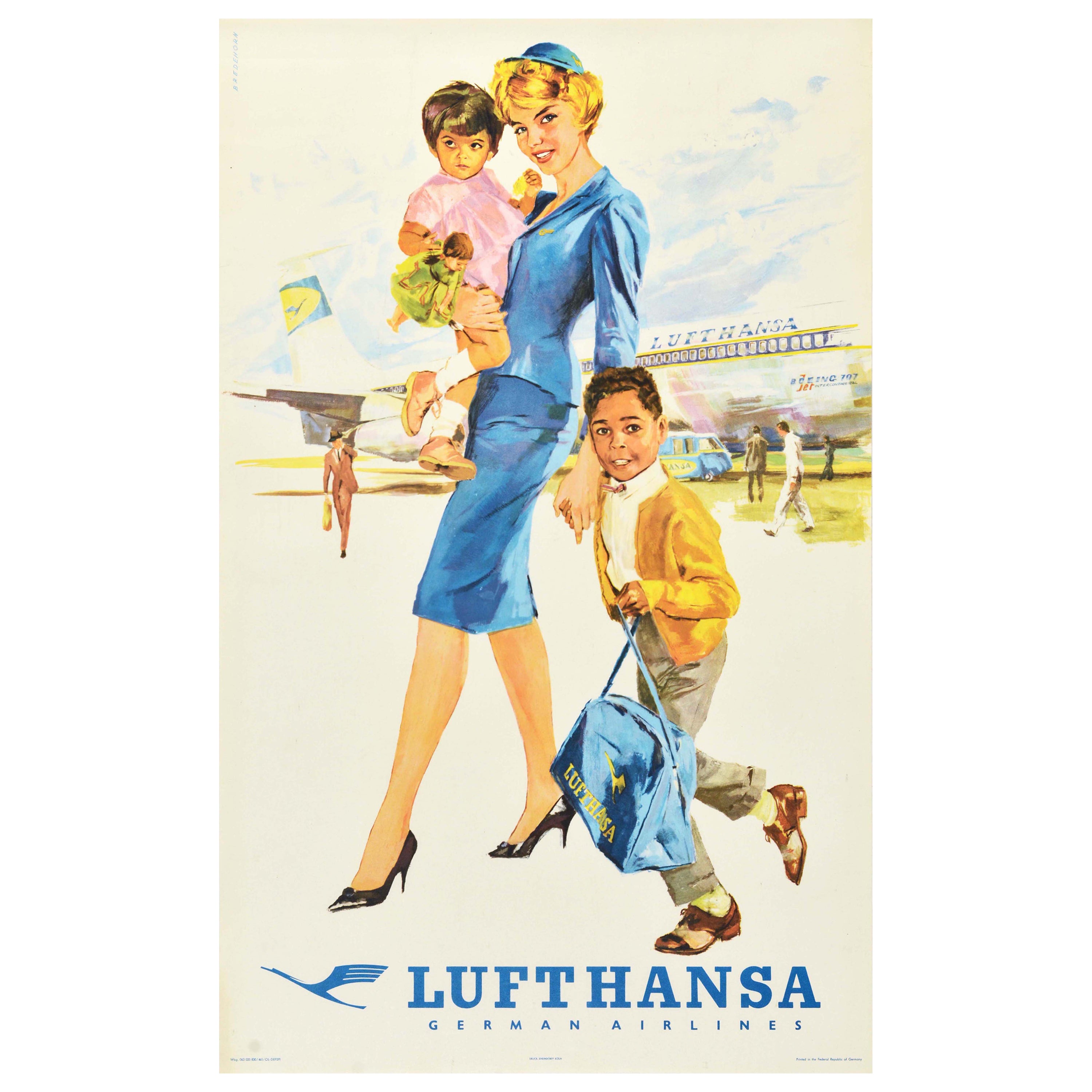Original Vintage Travel Poster Lufthansa Airline Blue Harp Midcentury