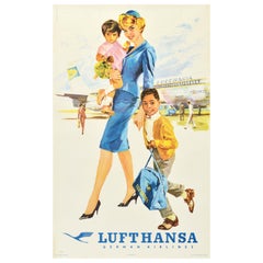 Original Vintage Travel Poster Lufthansa German Airlines Children Flying Alone