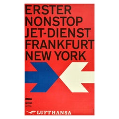 Original Vintage-Reiseplakat, Lufthansa Airlines Frankfurt, New York, Nonstop- Jet