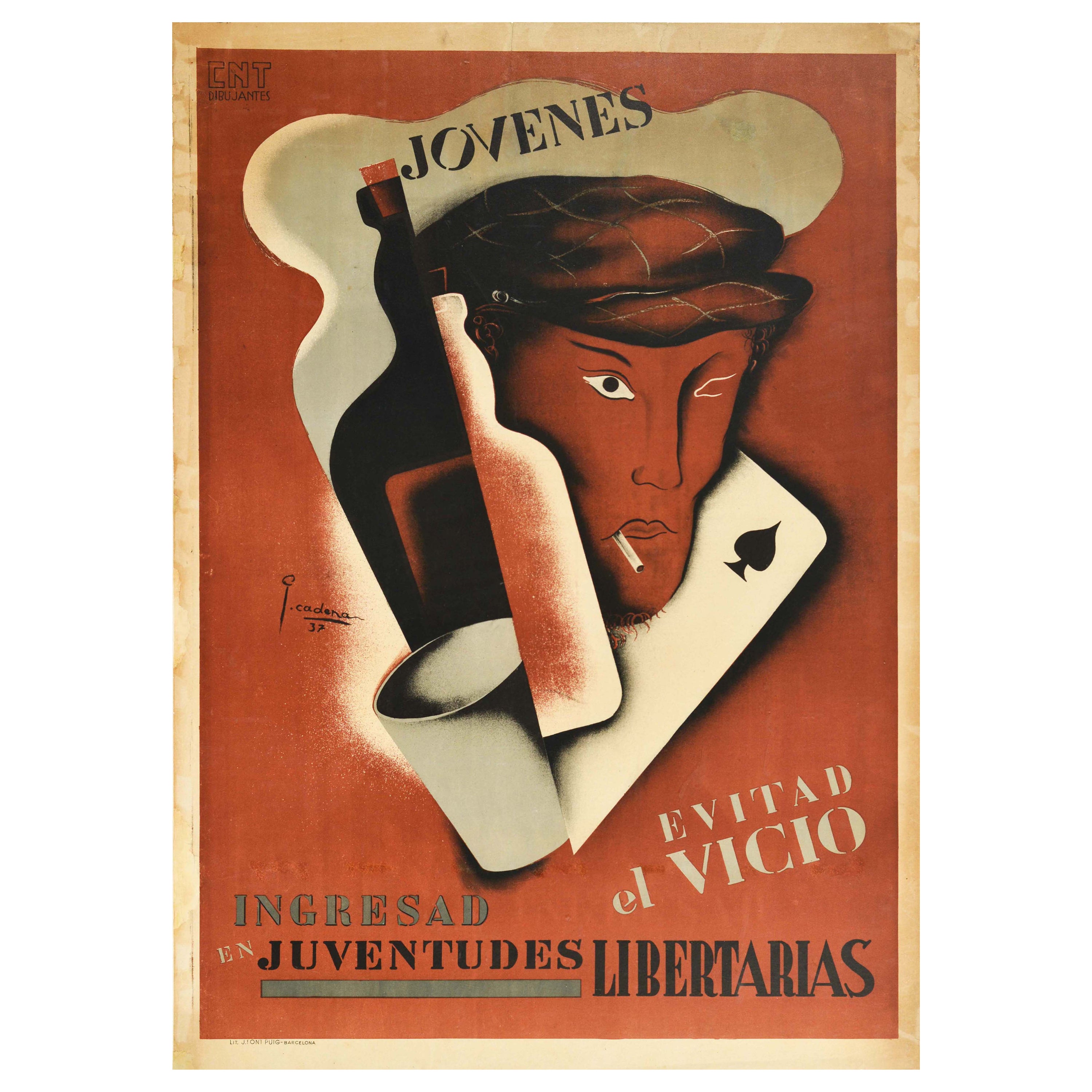 Original Vintage Spanish Civil War Poster Youth Avoid Vice CNT Dibujantes Design
