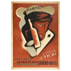 Original Vintage Cartel Guerra Civil Española Juventud Evita Vicio CNT Dibujantes Design