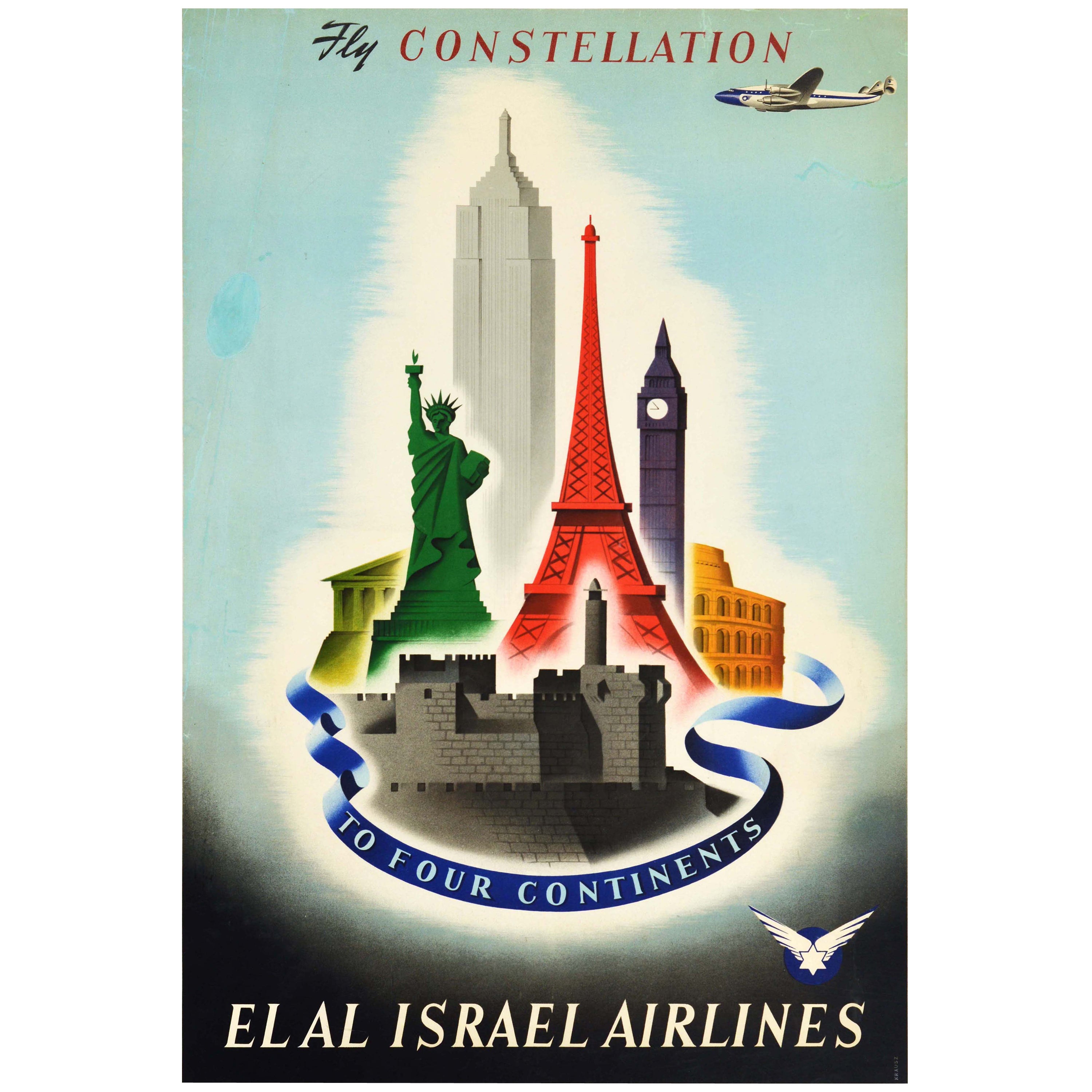 Original Vintage Poster El Al Israel Airlines Fly Constellation Four Continents