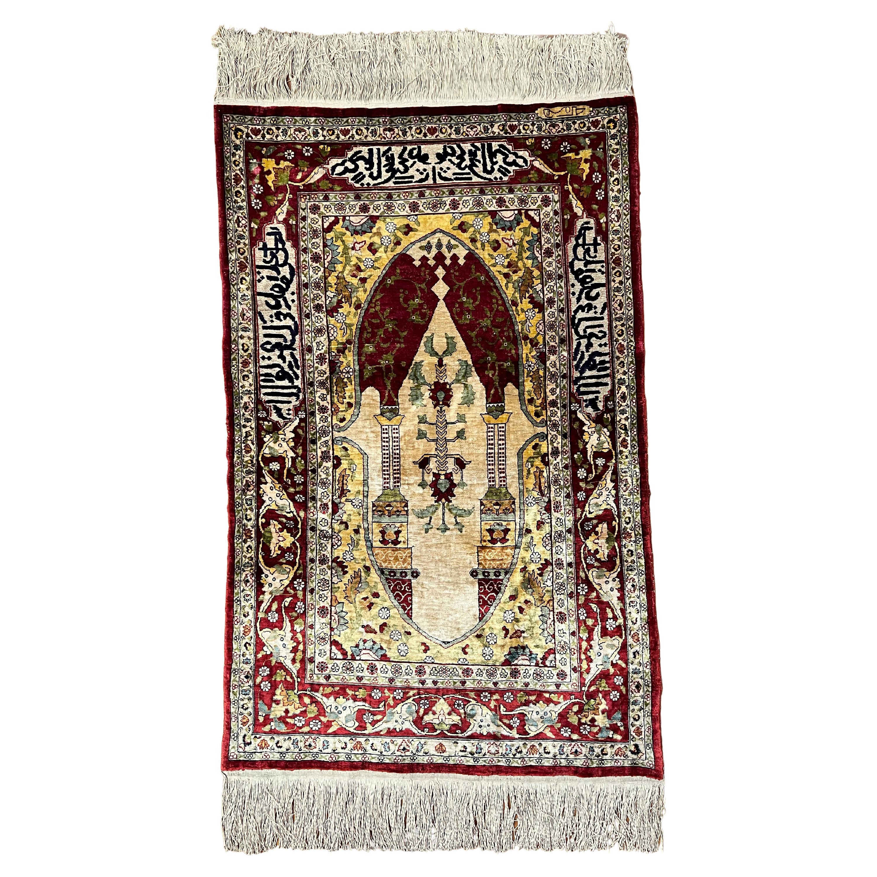 Hand Knotted Antique Turkish Prayer Rug, Hereke Kayseri Pattern Silk, Signed