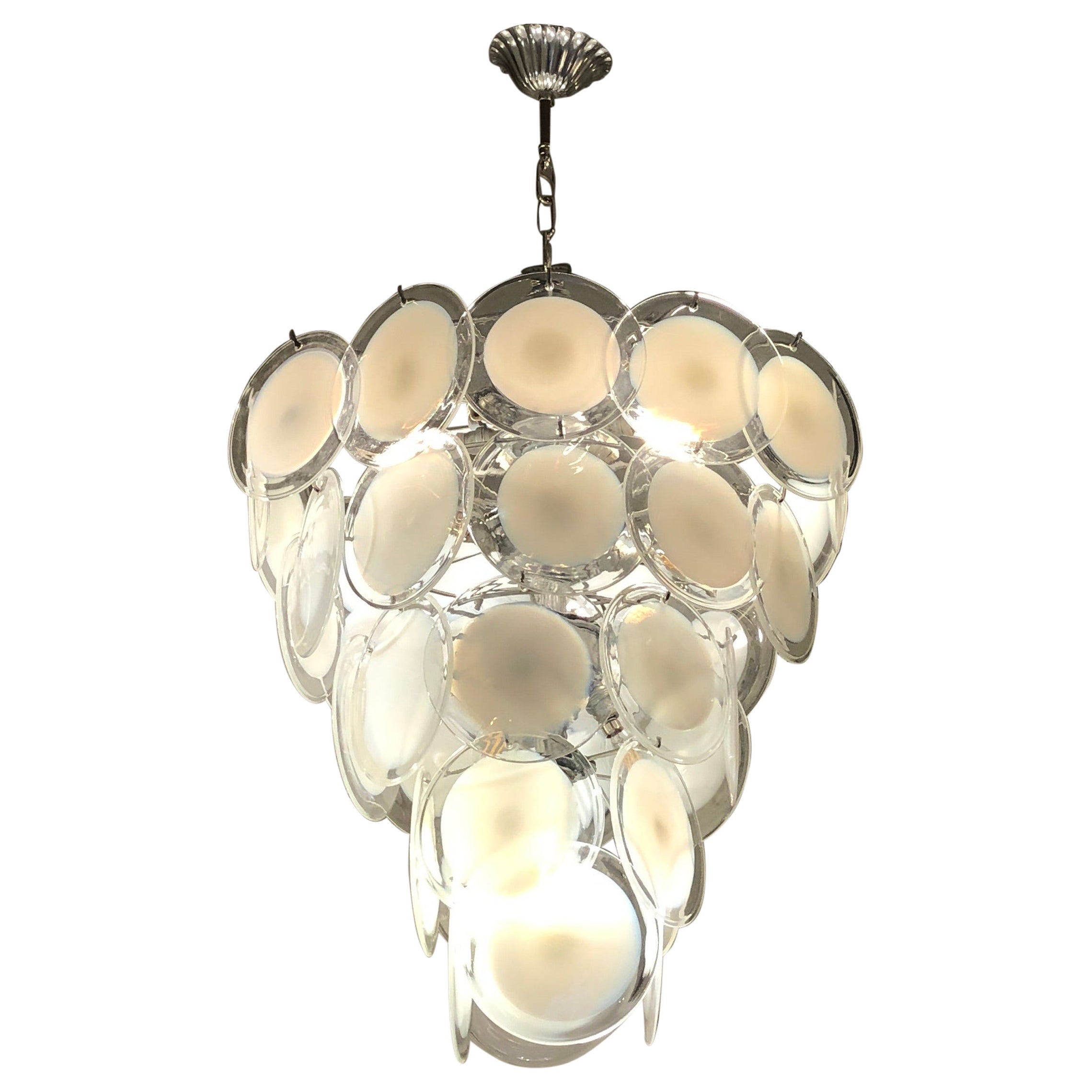 Vistosi for Venini Rounded Transparent and White Blown Glass Disks Chandeliers