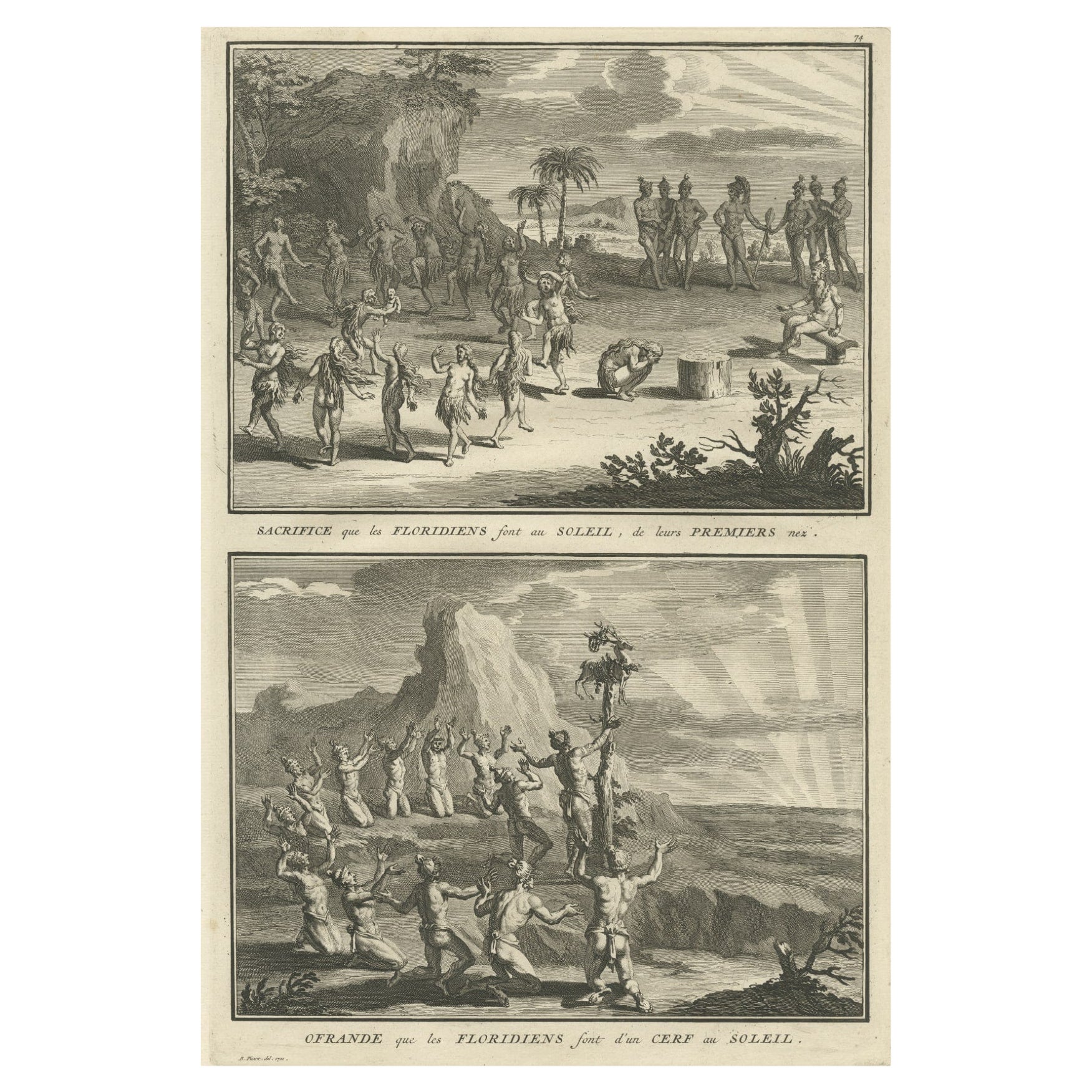 Antique Print of Natives in Florida Making Offerings to the Sun God, ca.1730 For Sale