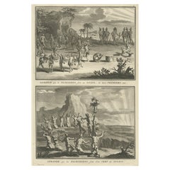 Antique Print of Natives in Florida Making Offerings to the Sun God, ca.1730