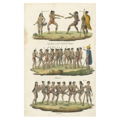 Antique Old Print of Tattooed Natives Dancing in the Caroline Islands and Guam, 1834
