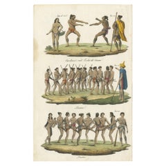 Used Old Print of Tattooed Natives Dancing in the Caroline Islands and Guam, 1834