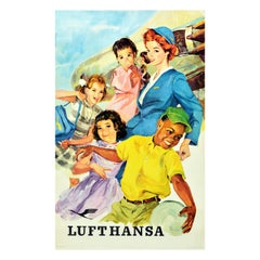 Original Vintage Poster For Lufthansa Airline Stewardess Children Travel Service