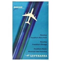 Original Vintage Poster Lufthansa Boeing Jet Nonstop Frankfurt New York Chicago