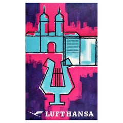 Original Vintage Travel Poster Lufthansa Airline Blue Harp Midcentury Modern Art