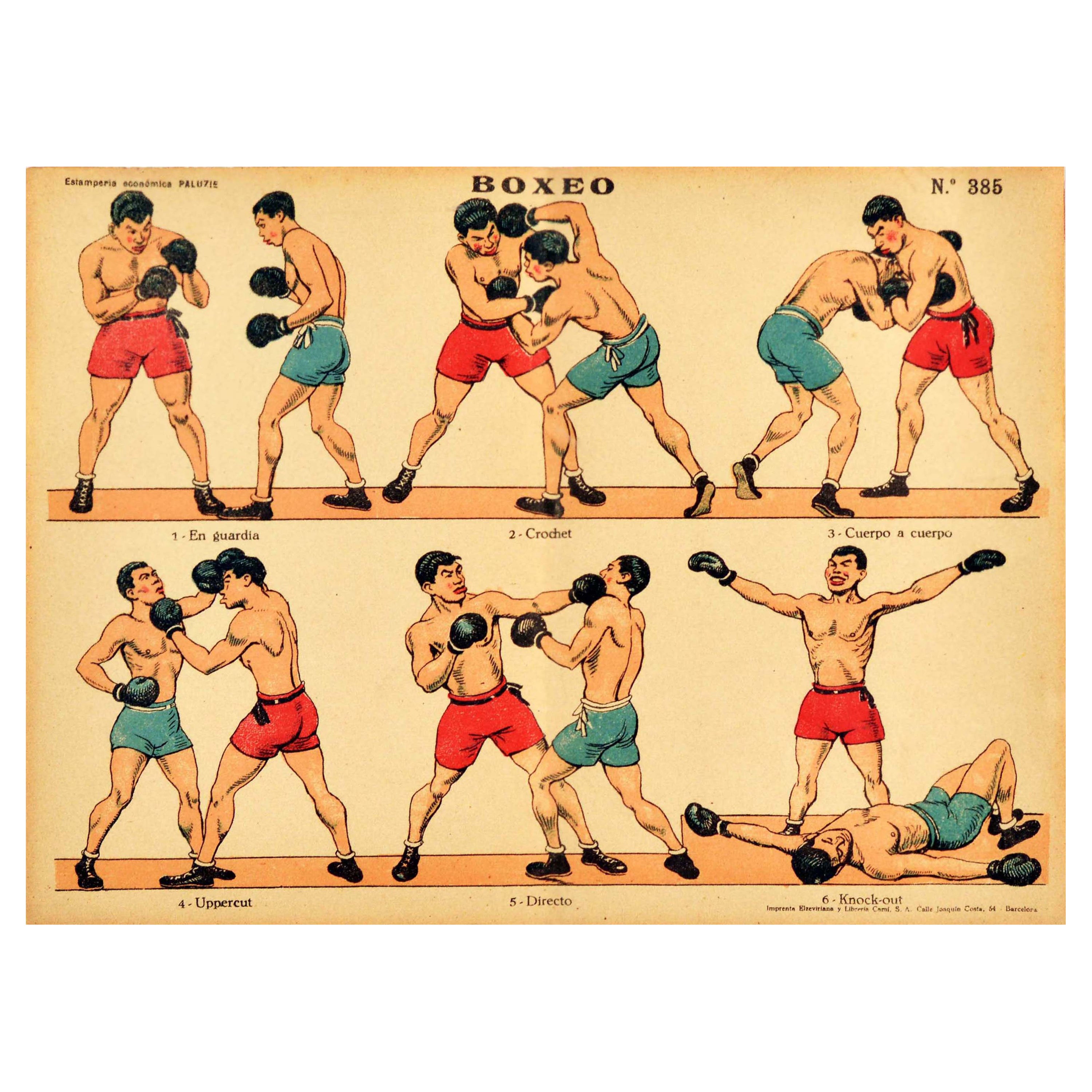 Original Antique Boxing Poster Boxeo Sport Guide Punching Moves Athlete Gym Art