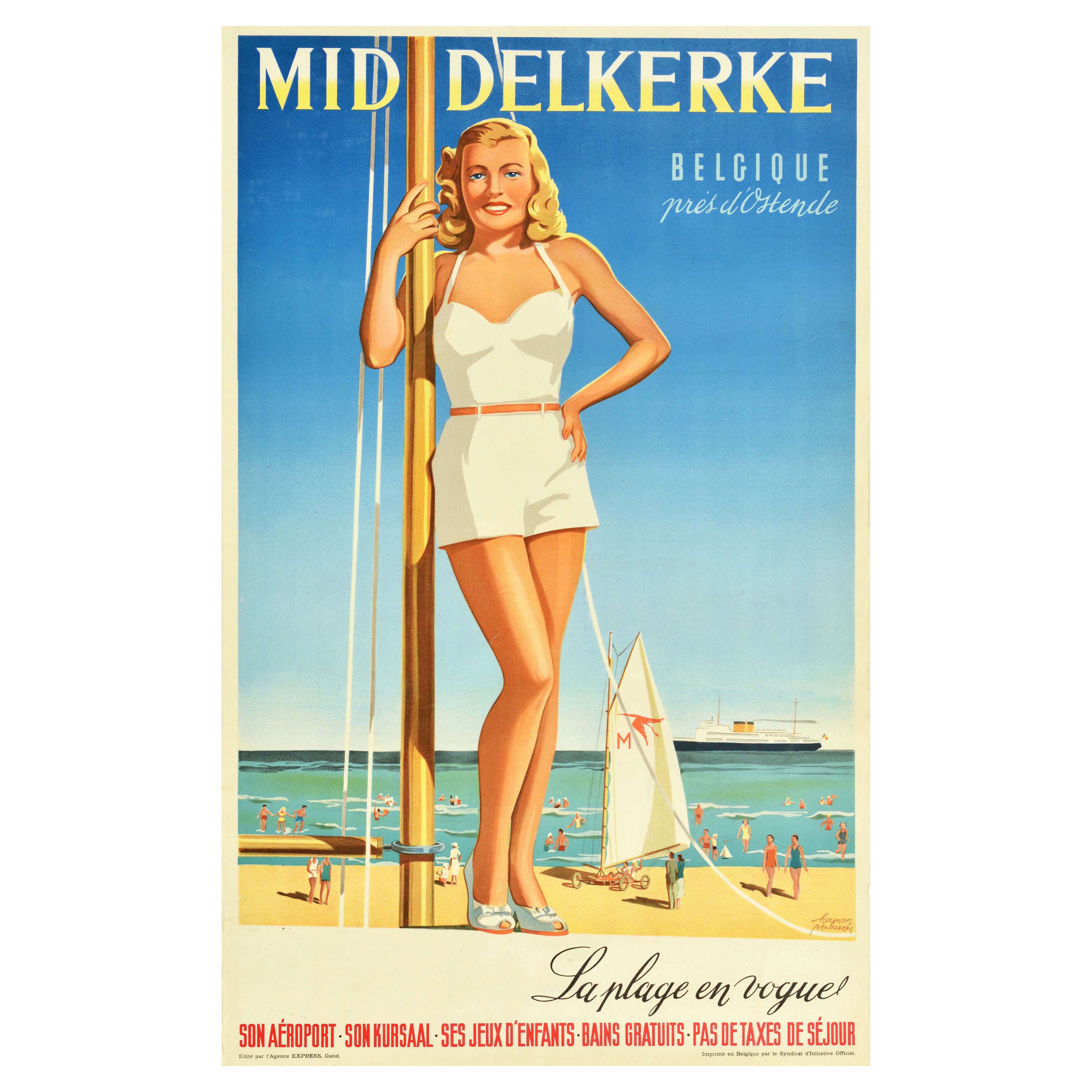 Original Vintage Travel Poster Middlekerke Belgium Coast Swimming Beach Games