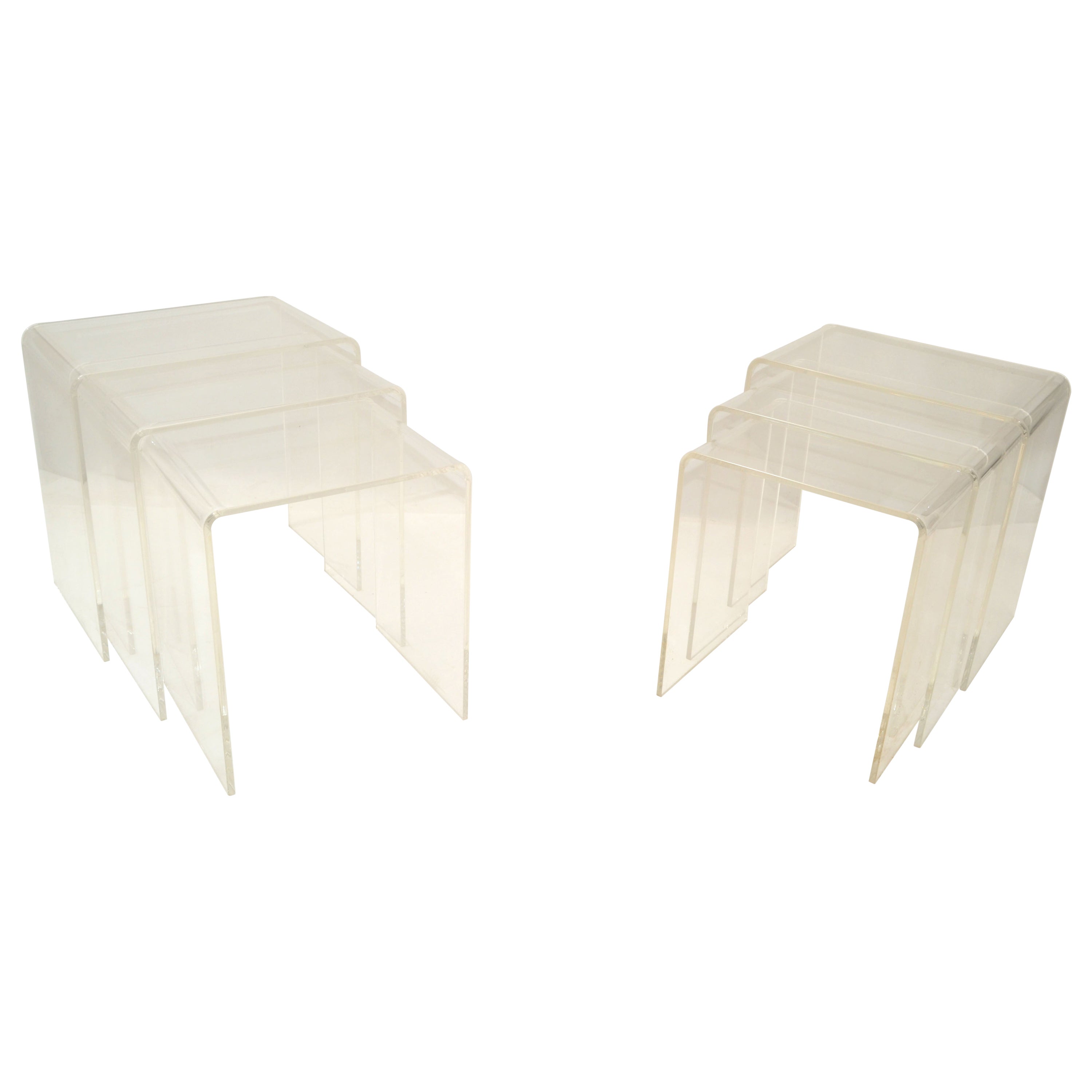 Pair of Lucite Waterfall Nesting Tables / Stacking Tables, Stools, Set of 3 For Sale
