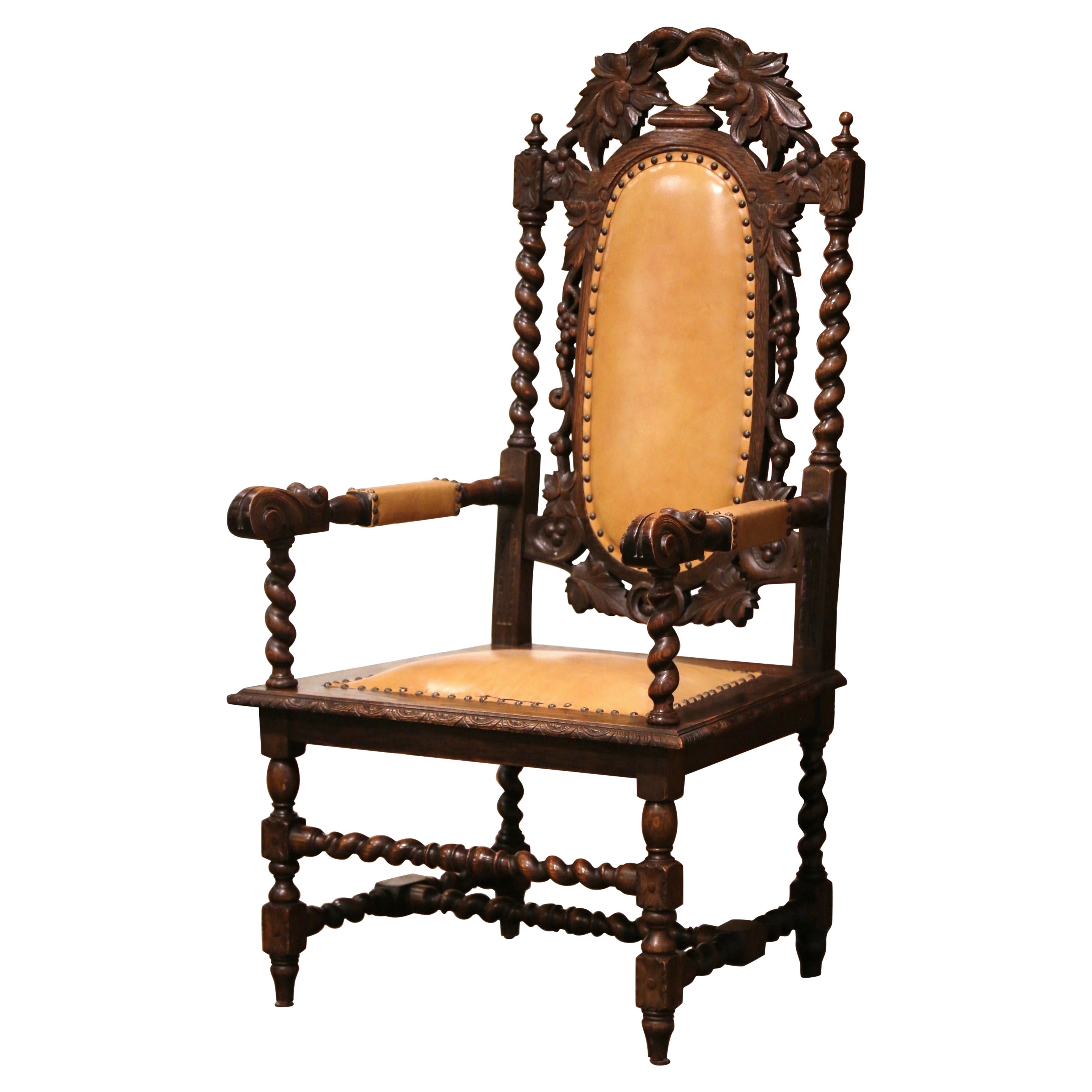 19th Century Louis XIII Style Carved Oak and Leather Armchair by Karpen For Sale