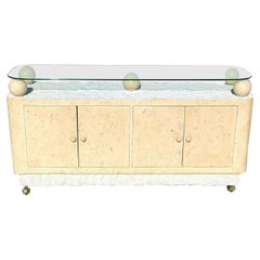 Maitland Style Postmodern Tessellated Stone Rolling Credenza Buffet Dry Bar