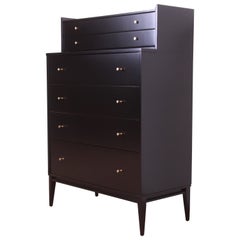 Paul McCobb Planner Group Black Lacquered Highboy Dresser, Newly Refinished