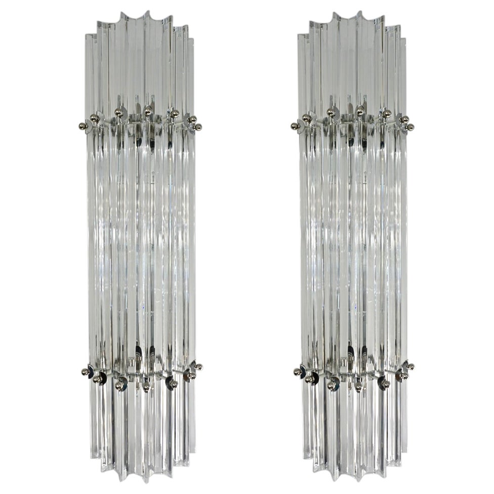 Italian Contemporary Minimalist Pair of Nickel & Crystal Murano Glass Sconces