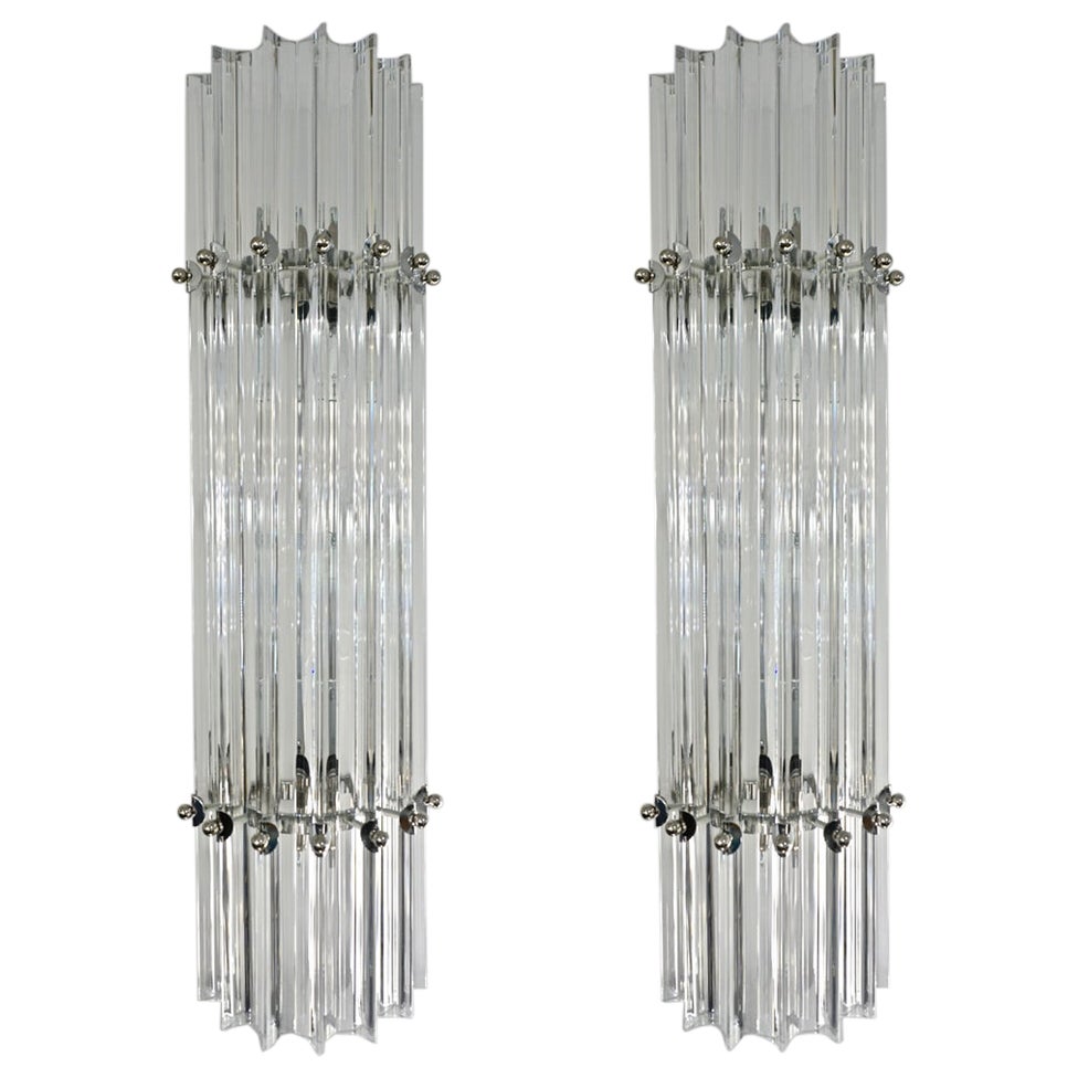 Italian Contemporary Minimalist Pair of Nickel & Crystal Murano Glass Sconces