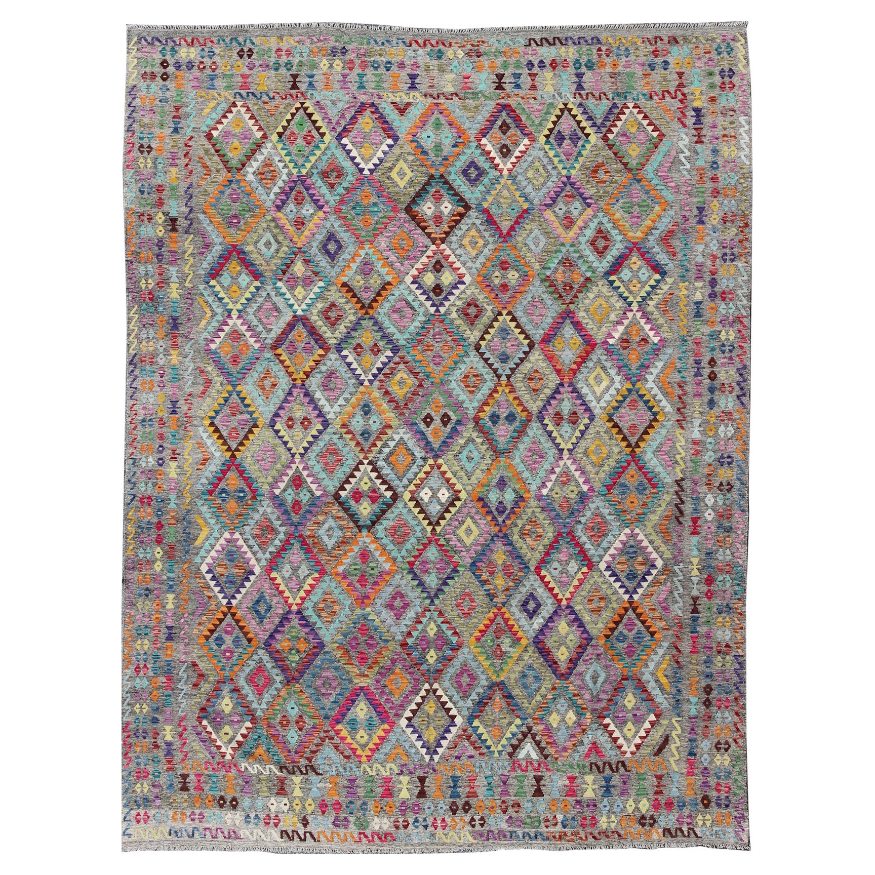 Colorful 21st Century Afghan Kilim Flat Weave Rug in Diamond Design