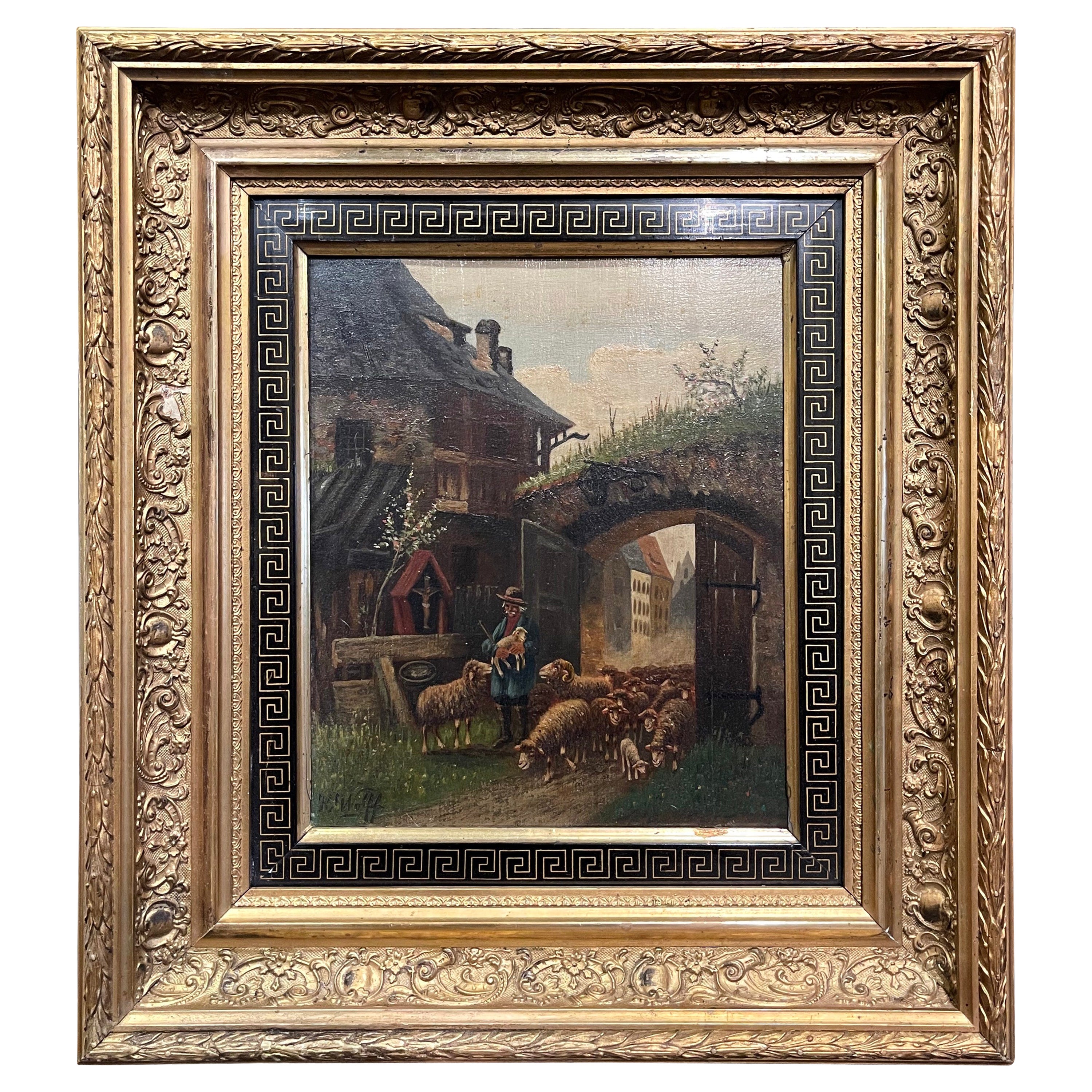 19th Century German Oil on Board Sheep Painting in Gilt Frame Signed H. Wolff