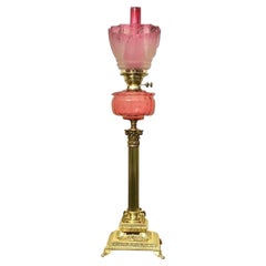Tall Antique Brass Cranberry Corinthian Column Oil Lamp