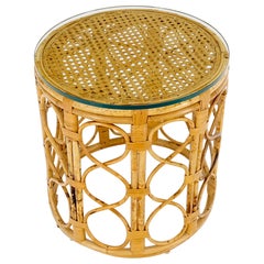 Rattan Bamboo Cane & Glass Top Round Lamp Stand Side End Table Pedestal Albini