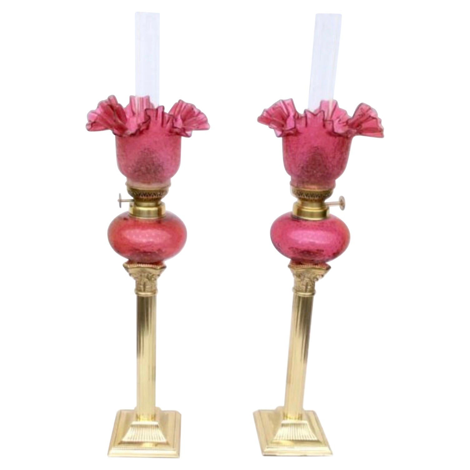 Pair of Tall Cranberry Ruby Glass Peg Oil Lamps For Sale