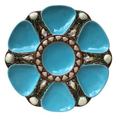 Assiette à huîtres aqua en majolique du 19ème siècle Minton