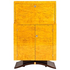 20th Century French Art Deco Birchwood Secretaire - Vintage Burlwood Cabinet