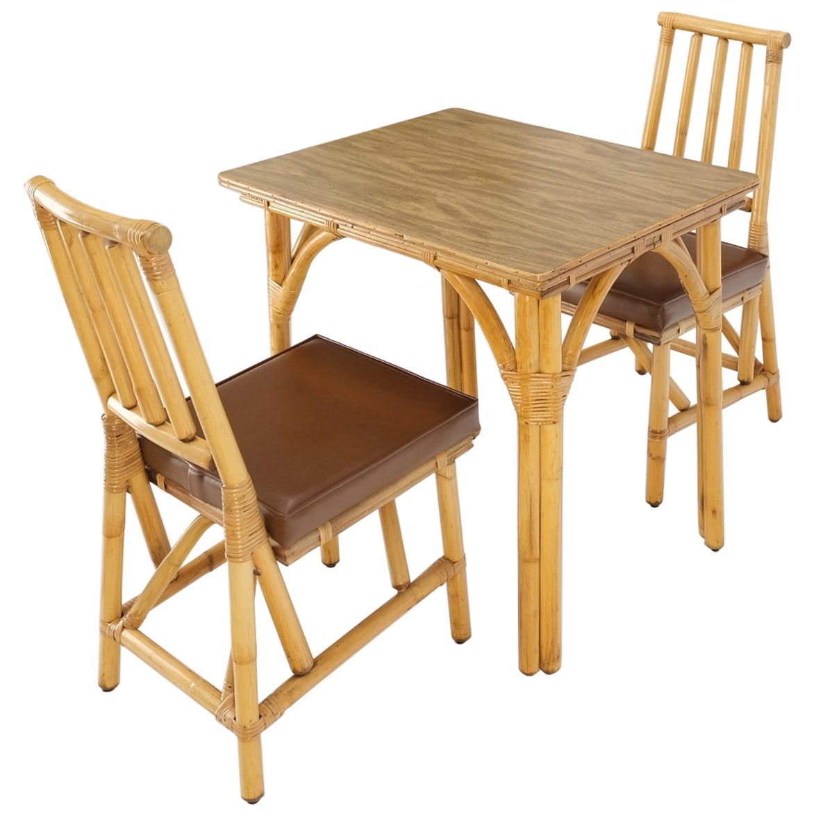 Dreiteiliger Esstisch aus Bambus und Rattan mit zwei Stühlen und Schilfrohr, 3 Teile
