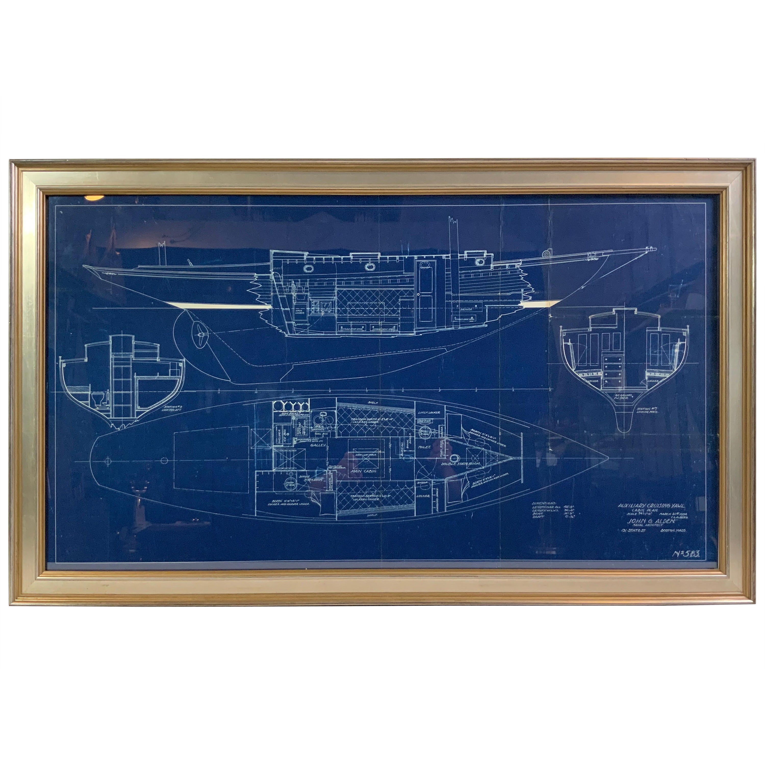 Blueprint Nr. 583 einer kreuzförmigen Kreuzfahrtsegel von John Alden im Angebot